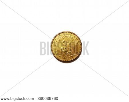 Egyptian Coin Of 50 Piastres, Made Of Copper, Lies On A White Background, Obverse