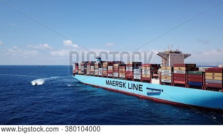 Mediterranean Sea - June 25, 2020: Maersk Hidalgo Mega Container Ship. Ulcv Fully Loaded With Freigh