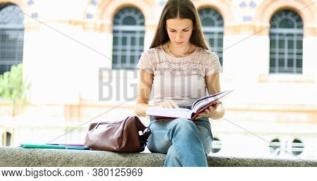 Beautiful female college student reading a book on a bench in a park