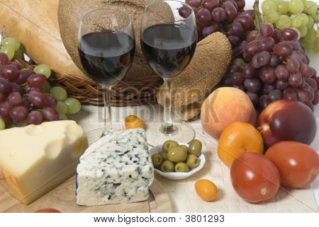 Vin brød ost, frugt og grøntsager
