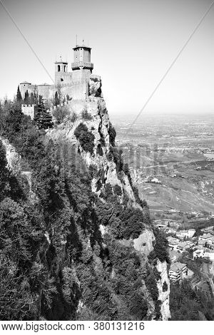 The First tower of San Marino on Titano mount, Respublic of San Marino.  Black and white photography, landscape