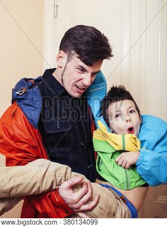 Faher And Son Together Having Fun At Home, Lifestyle Happy Family, People At Home