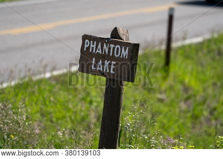 Sign For Phantom Lake, A Pullout Area With A Mountain Lake In The Lamar Valley Area Of Yellowstone N