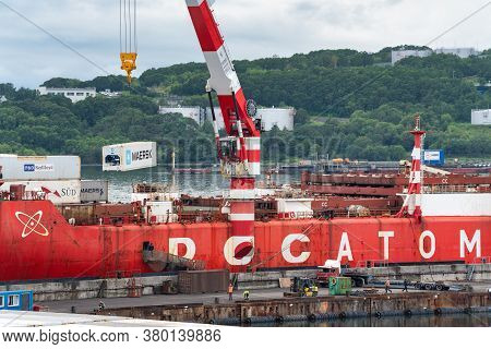 Crane Unloading Container Cargo Ship Sevmorput Rosatomflot - Russian Nuclear-powered Icebreaker Ligh