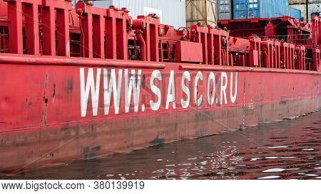 View Of Side Of Russian Cargo Container Ship Sasco Angara With Inscription Internet Address Www.sasc