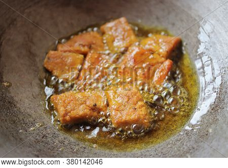 Cakes Of Dhoka R Dal Being Fried In A Frying Pan In Mustard Oil For Cooking Dhokar Dalna A Popular B