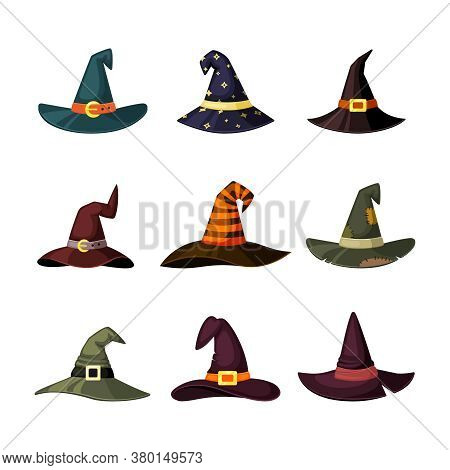 Witchcraft Hats Set. Caps By Wizard And Magicians Colored Masquerade Elements Halloween Traditional 