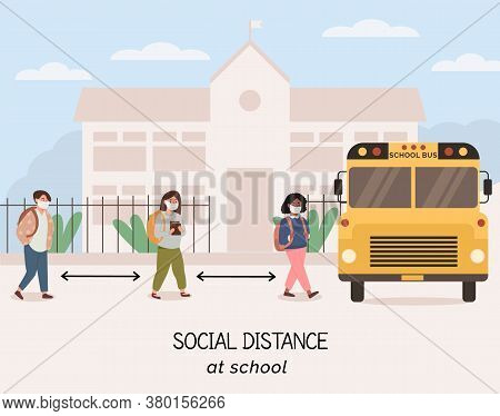 Social Distancing At School After Pandemia. Back To School Concept After Epidemic. Kids Quing To Pic