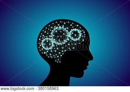 3d Digital Neuro Glowing Particles Lines And Dots Plexus Structure Human Brain With Cog Wheels On Pe