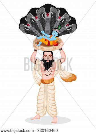 Illustration Of Hapy Janmashtami Festival Of India. Vasudev And Snake Save Lord Krishna From Rain.