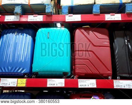 Ludhiana, Punjab, India, June 2019 : Many Modern Suitcases On Shelves At Wholesale Market