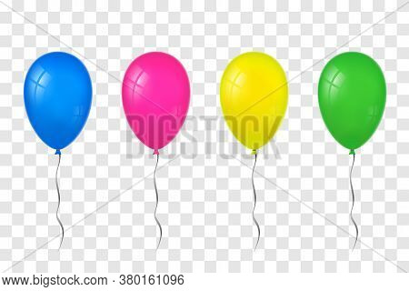 Balloons 3d Set, Thread, Isolated White Transparent Background. Color Glossy Flying Baloon, Ribbon, 