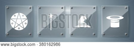 Set Magician Hat, Witch Hat, Magic Wand And Pentagram In A Circle. Square Glass Panels. Vector
