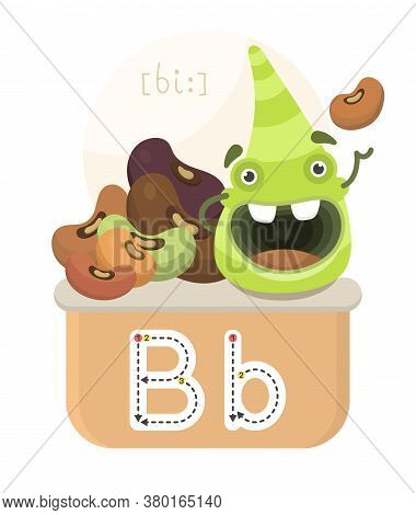 Learning The English Alphabet. Funny Cartoon Character With Beans And Letter. The Way To Write A Let