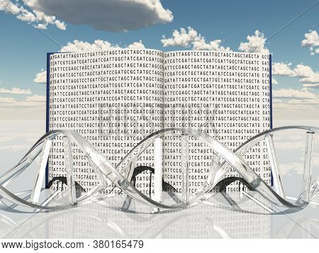Book with Gentic Code and Strand of DNA. 3D rendering