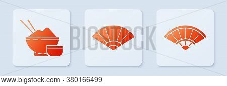 Set Paper Chinese Or Japanese Folding Fan, Rice In A Bowl With Chopstick And Paper Chinese Or Japane
