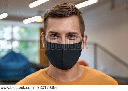 Back To Office. Close Up Portrait Of Young Man, Male Office Worker Wearing Black Protective Mask And