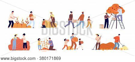 Autumn Gathering. Farmer People, Flat Harvesting Gardeners. Young Man Planting. Harvest Season, Woma