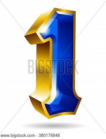 Golden And Blue Number Character 1 Isolated On White Background. Vector Illustration.