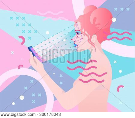 Biometric Verification Concept - Woman Face Recognition. Face Scanner In Smartphone. Girl Looks In D