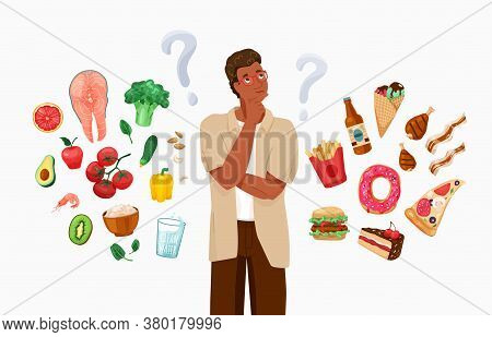 Happy Black African American Man Thinking About Choosing Menu. Choice Between Healthy And Unhealthy 