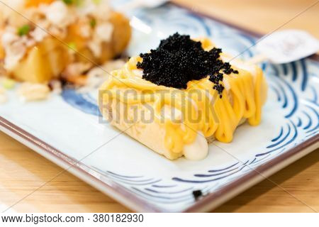 Tamagoyaki, Japanese Sweet Omelette, Selective Focus. Close Up Japanese Cuisine, Sushi Set With Egg,
