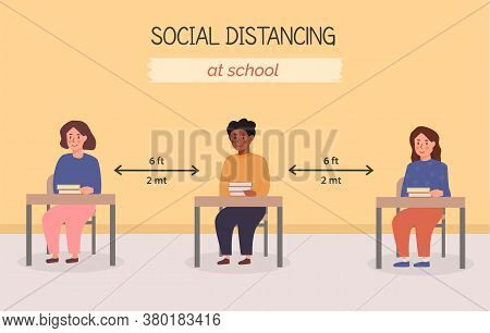 Social Distancing At School Concept Illustration. Kids Sitting In The Classroom With Books On The De