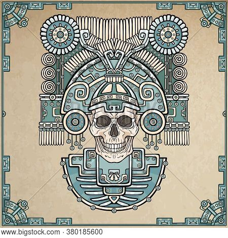Stylized Skull. Pagan God Of Death. Motives Of Art Native American Indian. Vector Color Illustration