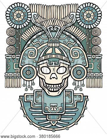 Stylized Skull. Pagan God Of Death. Motives Of Art Native American Indian. Vector Color Illustration