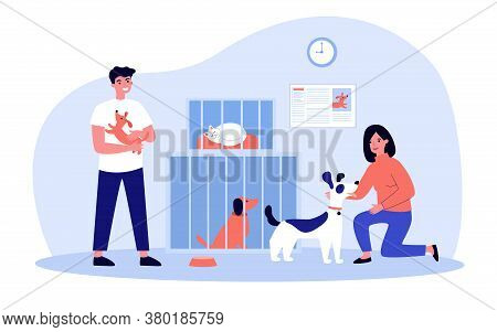 People Adopting Pets From Shelter. Volunteers Taking Care About Cats And Dogs In Cages. Vector Illus