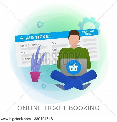 Flight Ticket Online Booking Flat Vector Icon. Man Makes His Journey Reservations  With Mobile App O