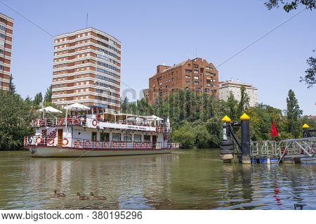 Valladolid, Spain - July 19th, 2020: Pisuerga River Tourist Boat. Valladolid, Spain