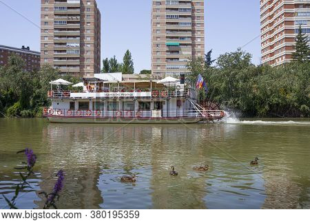 Valladolid, Spain - July 19th, 2020: Pisuerga River Tourist Boat. Valladolid, Spain