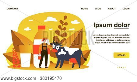 Happy Young Farmer Standing Near Cow Flat Vector Illustration. Man Holding Bucket With Milk. Fresh M