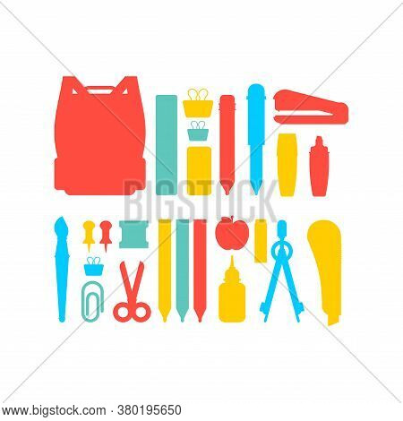 School Set. Study Supplies: Briefcase, Pencil And Eraser. Ruler And Pen. Kepler And Strong
