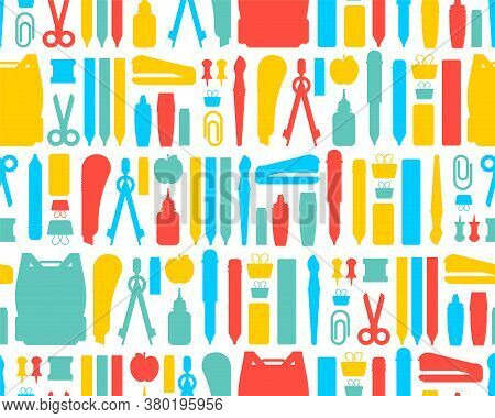 Back To School Pattern Seamless. Study Supplies Background. School Texture. Briefcase, Pencil And Er