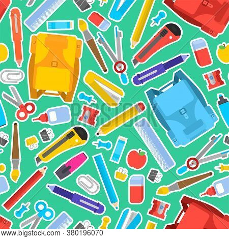 Back To School Pattern Seamless. Study Supplies Background. School Texture. Briefcase, Pencil And Er