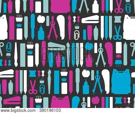 Back To School Pattern Seamless. Study Supplies Background. School Texture. Briefcase, Pencil And Er