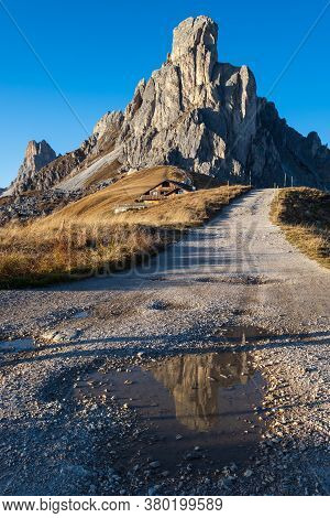 Italian Dolomites Mountain (ra Gusela Rock In Front) Peaceful Sunny Evening View From Giau Pass. Peo