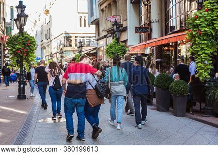 Budapest, Hungary. October 2019: Tourists And Visitors On The Famous Vaci Street, The Main Shopping 