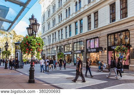 Budapest, Hungary. October 2019: Tourists And Visitors On The Famous Vaci Street, The Main Shopping 