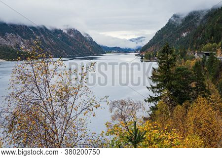 Mountain Alpine Autumn Lake Achensee, Alps, Tirol, Austria. Picturesque Traveling, Seasonal And Natu