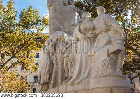 Budapest, Hungary. October 2019: Close-up Statue Of Mihaly Vorosmarty And People Walking Near On The