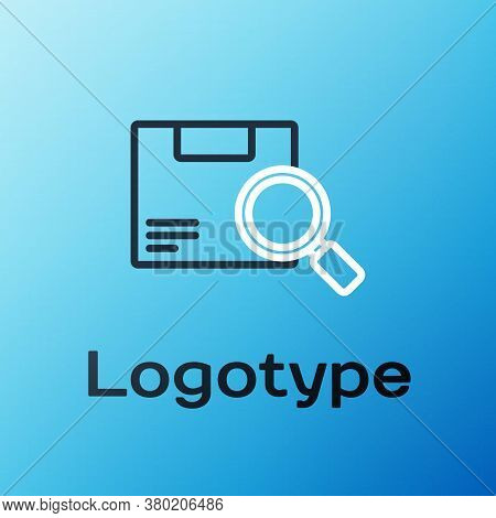 Line Search Package Icon Isolated On Blue Background. Parcel Tracking. Magnifying Glass And Cardboar