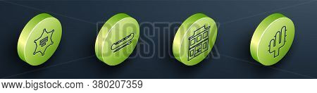 Set Isometric Hexagram Sheriff, Kayak Or Canoe And Paddle, Wild West Saloon And Cactus Icon. Vector