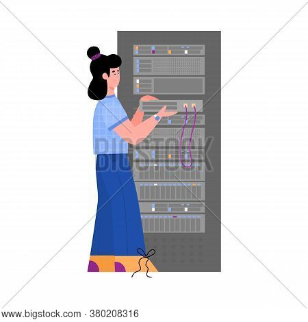 Data Center Technician Or Engineer Controlling Work Of Hosting Servers, Flat Cartoon Vector Illustra