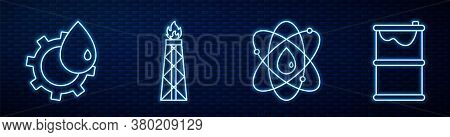 Set Line Atom, Oil Industrial Factory Building, Oil Rig With Fire, Barrel Oil Leak And Oil Exchange.