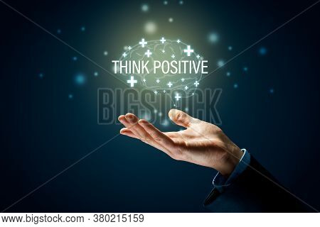 Coach Motivate To Think Positive Concept. Businessman Helping Hand, Plus Signs In Shape Of Brain And