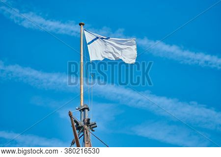 Sailing Mast With Ensign Of The Russian Navy. Sailing Vessel Main Topgallant. Old Frigate Warship