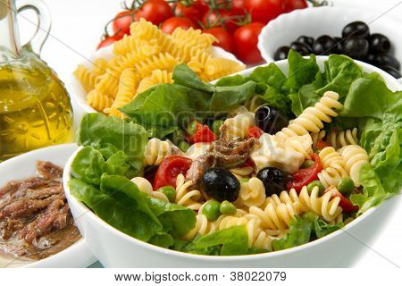 un plat avec la salade de pâtes